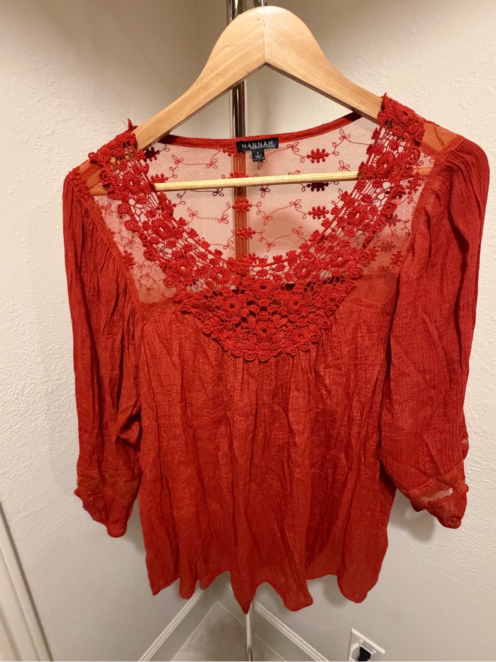 Hannah Women's Rust Crochet Yoke Blouse